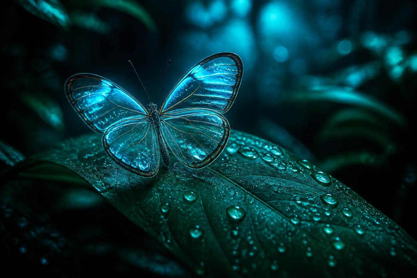 Glasswing butterfly resting on a dew-covered leaf