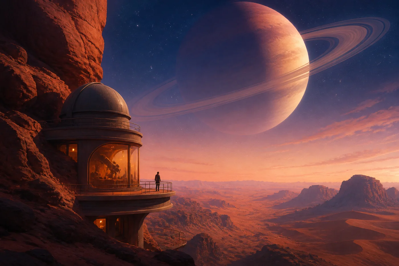 Canyon-side observatory beneath a ringed planet